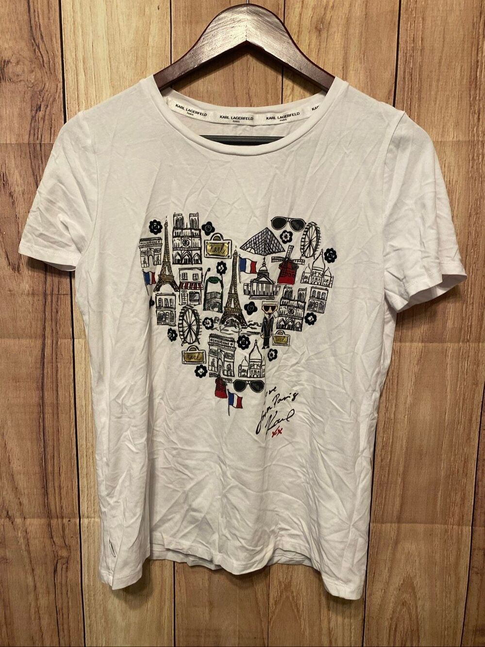 Karl Lagerfeld Small white black T-shirt top shirt Paris love heart France